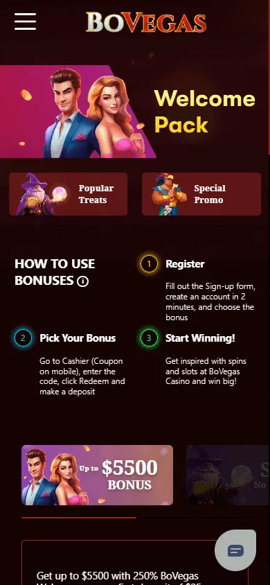 BoVegas Casino promotions area on a mobile browser